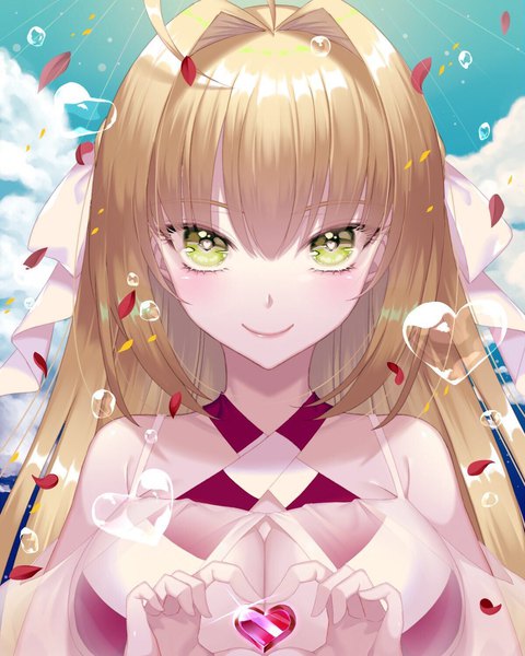 Anime picture 1200x1500 with fate (series) fate/grand order nero claudius (fate) nero claudius (fate/extra) crazyotama single long hair tall image looking at viewer fringe breasts blonde hair smile hair between eyes large breasts yellow eyes cleavage cloud (clouds) upper body ahoge
