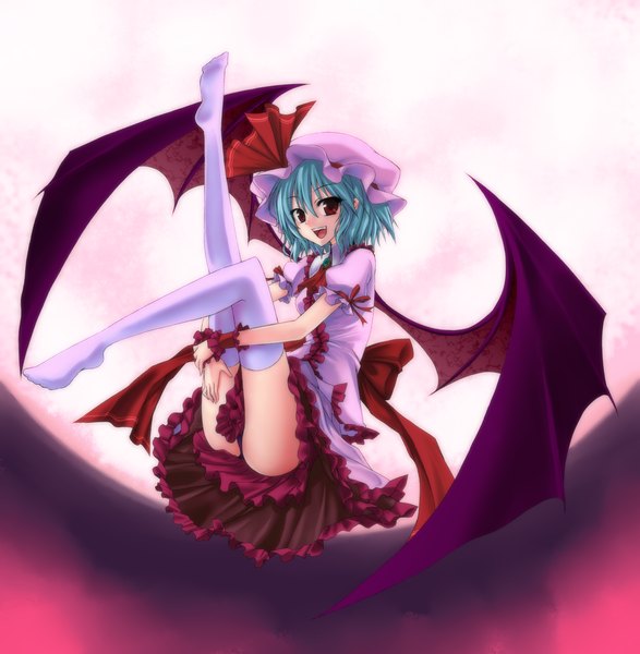 Anime picture 1598x1634 with touhou remilia scarlet utakata (kochou no yume) single tall image short hair open mouth light erotic red eyes blue hair pantyshot no shoes legs girl thighhighs dress bow white thighhighs wings frills