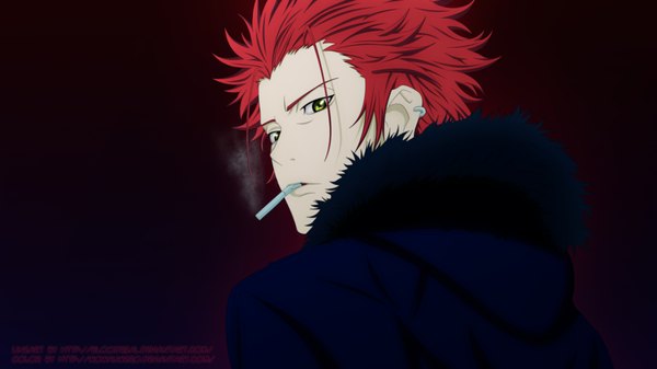 Anime picture 2000x1125 with k-project gohands (studio) mikoto suoh wowauwero (artist) highres short hair wide image green eyes red hair looking back back dark background boy cigarette