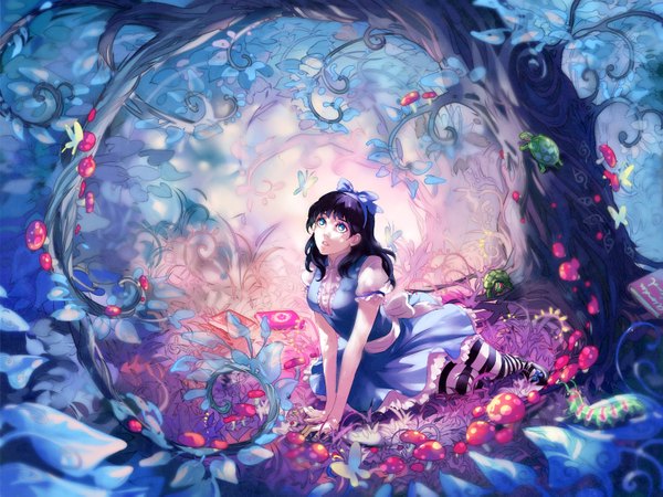 Anime picture 1500x1125 with alice in wonderland alice (wonderland) yuumei single long hair blue eyes black hair reclining girl thighhighs dress bow plant (plants) hair bow tree (trees) book (books) insect butterfly grass striped thighhighs