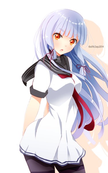Anime picture 1625x2600 with kantai collection murakumo destroyer tebi (tbd11) single long hair tall image looking at viewer fringe open mouth simple background white background signed blunt bangs orange eyes dated hands behind back tress ribbon 2014 girl uniform