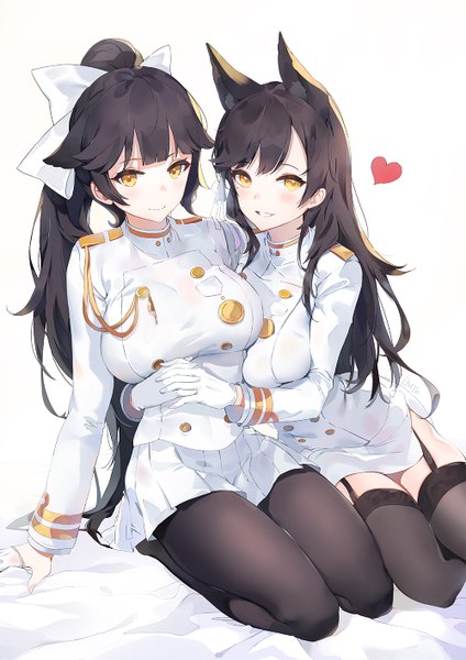 Anime picture 1000x1414 with azur lane atago (azur lane) takao (azur lane) emyo long hair tall image looking at viewer blush fringe breasts light erotic black hair simple background smile large breasts white background sitting multiple girls signed animal ears