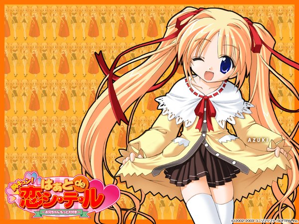 Anime picture 1600x1200 with munekyun! heart de koi shi-te-ru azuki (munekyun!) akifumi ozawa single looking at viewer open mouth blue eyes blonde hair twintails very long hair one eye closed wink wallpaper zettai ryouiki copyright name character names border girl thighhighs ribbon (ribbons)