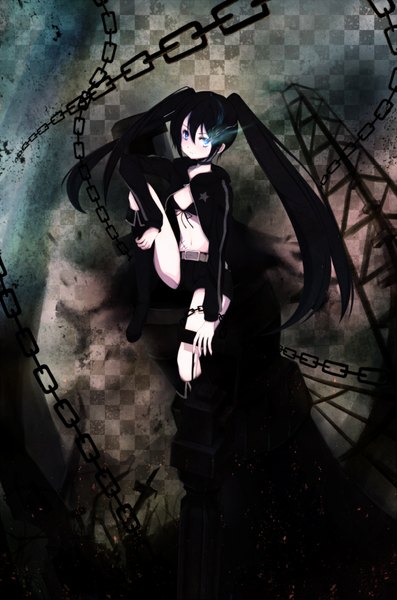 Anime picture 1325x2000 with black rock shooter black rock shooter (character) ahirun single long hair tall image blue eyes black hair twintails glowing glowing eye (eyes) checkered background girl jacket shorts chain bikini top