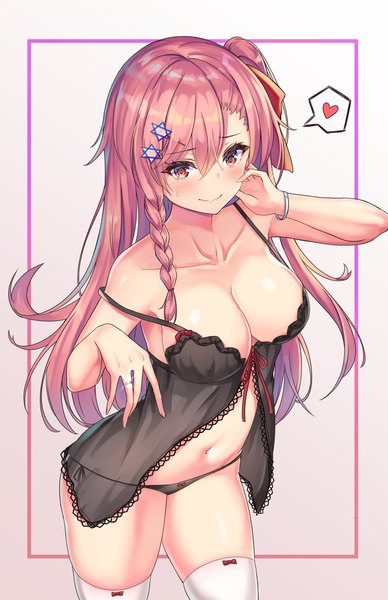 Anime picture 2647x4093 with girls frontline negev (girls' frontline) cenangam single long hair tall image looking at viewer blush fringe highres breasts light erotic simple background hair between eyes large breasts standing pink hair cleavage braid (braids) pink eyes