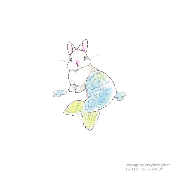 Anime picture 2000x2000 with original berry jou highres simple background white background signed no people traditional media colored pencil (medium) animal bunny mermaid scales