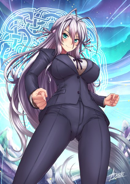 Anime picture 1240x1754 with highschool dxd rossweisse adsouto single tall image looking at viewer blush fringe breasts smile hair between eyes large breasts standing signed payot sky silver hair ahoge outdoors very long hair