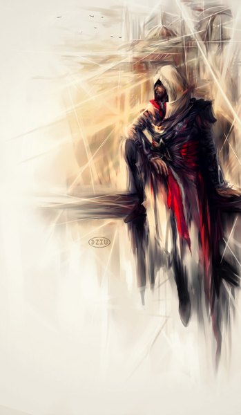 Anime picture 1340x2300 with assassin's creed (game) ezio auditore da firenze dziu09 single tall image brown hair sitting brown eyes signed looking away boy hood cloak hoodie beard