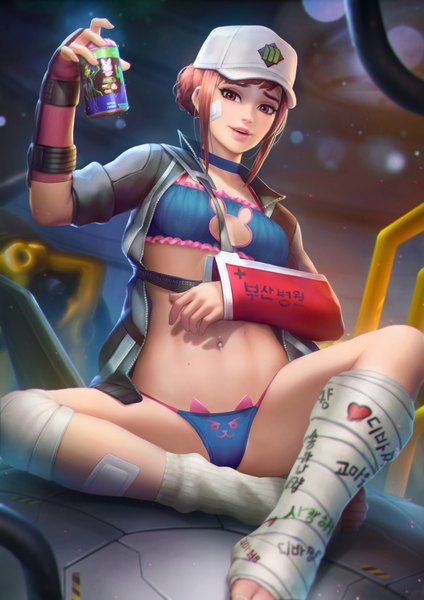 Anime picture 2480x3508 with overwatch blizzard entertainment d.va (overwatch) meka (overwatch) shooting star d.va nudtawut thongmai single tall image looking at viewer fringe highres short hair breasts light erotic red eyes brown hair sitting holding payot bent knee (knees)
