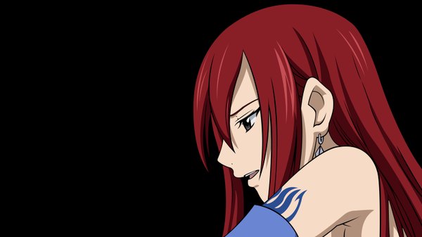 Anime picture 1500x844 with fairy tail erza scarlet single long hair open mouth wide image brown eyes red hair profile armpit (armpits) tattoo black background portrait face vector girl earrings