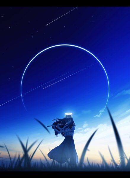 Anime picture 2680x3660 with original kijineko single long hair tall image fringe highres black hair hair between eyes standing holding cloud (clouds) outdoors eyes closed long sleeves wind night night sky scenic crescent
