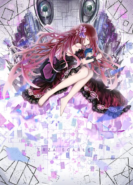 Anime picture 2495x3483 with fairy tail erza scarlet jellal fernandes jomill single long hair tall image fringe highres bare shoulders holding red hair lying barefoot bare legs alternate costume legs text on side embryo's pose