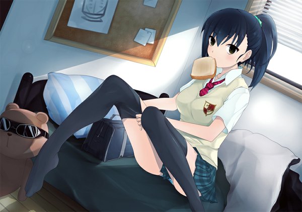 Anime picture 1000x704 with original minazuki randoseru single looking at viewer short hair light erotic black hair brown eyes full body ponytail pantyshot sitting toast in mouth girl thighhighs skirt uniform black thighhighs school uniform miniskirt food