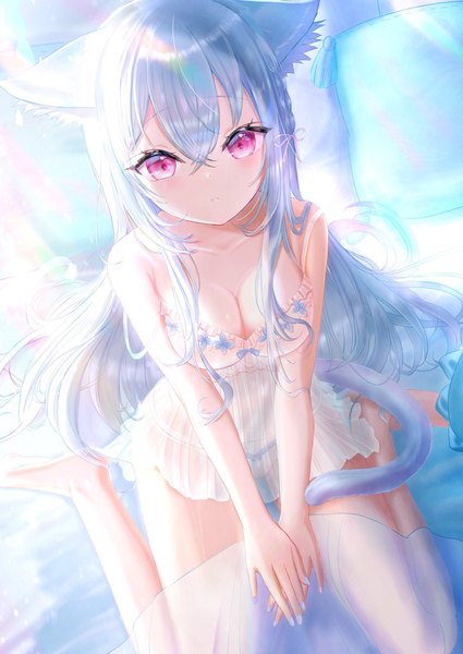 Anime picture 1451x2048 with original hou no ka single long hair tall image looking at viewer fringe breasts light erotic hair between eyes sitting animal ears cleavage silver hair indoors tail braid (braids) parted lips animal tail pink eyes