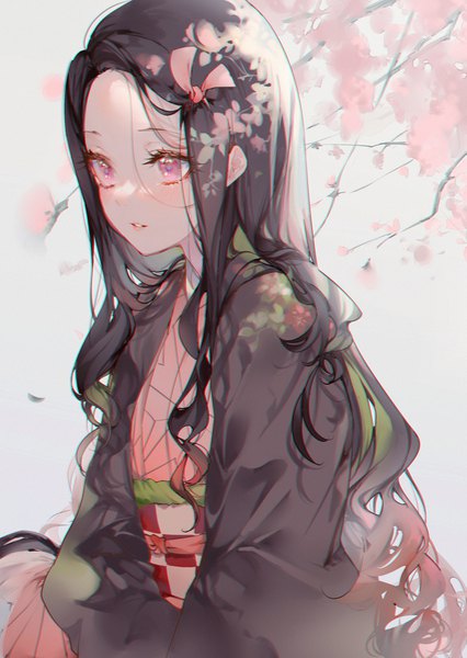Anime picture 855x1205 with kimetsu no yaiba ufotable kamado nezuko kinokohime single long hair tall image blush black hair simple background sitting looking away traditional clothes parted lips japanese clothes pink eyes multicolored hair grey background two-tone hair girl