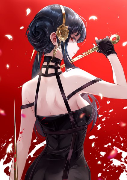 Anime picture 1555x2200 with spy x family yor briar vardan single long hair tall image looking at viewer fringe breasts black hair simple background hair between eyes red eyes standing bare shoulders holding payot profile looking back arm up