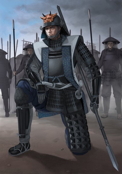Anime picture 1200x1700 with original damegane tall image standing brown eyes looking away shadow samurai army boy weapon sword armor katana helmet