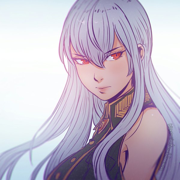 Anime picture 1024x1024 with valkyria chronicles selvaria bles koyoriin single blush breasts simple background red eyes large breasts white background bare shoulders signed looking away silver hair lips gradient background watermark portrait blue background serious