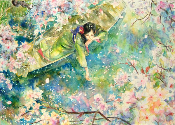 Anime picture 1241x884 with original oyabin single long hair black hair eyes closed japanese clothes hair flower cherry blossoms reclining traditional media watercolor (medium) girl hair ornament petals water kimono watercraft boat