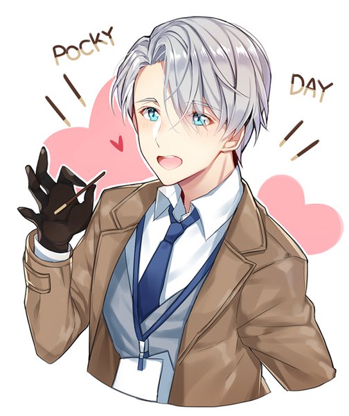 Anime picture 700x833 with yuri!!! on ice mappa viktor nikiforov pingo single tall image fringe short hair open mouth blue eyes white background looking away silver hair from above hair over one eye pocky day boy gloves black gloves necktie