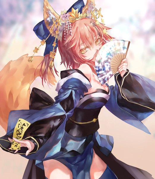 Anime picture 1600x1839 with fate (series) fate/extra tamamo (fate) (all) tamamo no mae (fate) azomo single long hair tall image looking at viewer breasts light erotic bare shoulders holding animal ears yellow eyes pink hair cleavage ponytail tail long sleeves