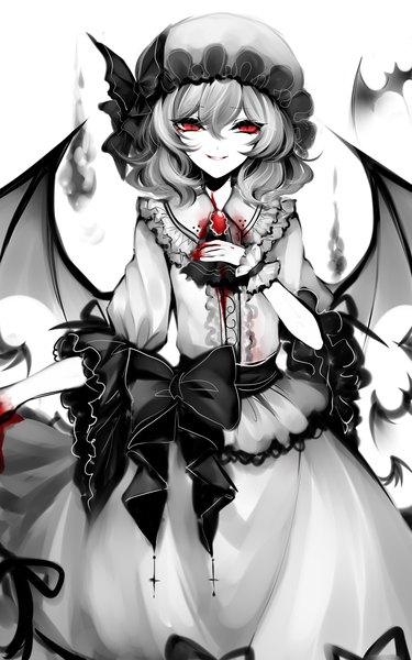 Anime picture 2200x3520 with touhou remilia scarlet sheya single tall image looking at viewer fringe highres short hair smile hair between eyes red eyes white background monochrome bat wings spot color girl dress hat animal
