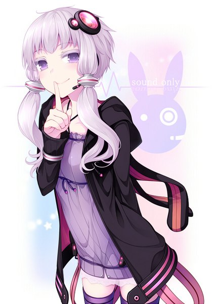 Anime picture 601x849 with vocaloid yuzuki yukari uruu gekka single long hair tall image looking at viewer blush fringe smile purple eyes twintails purple hair open jacket zettai ryouiki text low twintails finger to mouth arm behind back girl