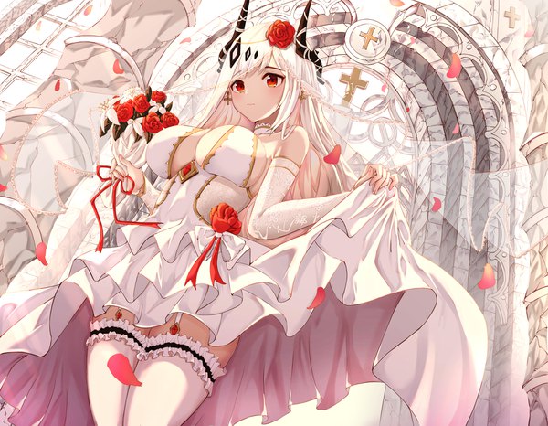 Anime picture 4736x3686 with arknights mudrock (arknights) lankuchashuangjielong single long hair looking at viewer blush highres breasts light erotic red eyes large breasts standing holding absurdres cleavage silver hair indoors hair flower horn (horns)