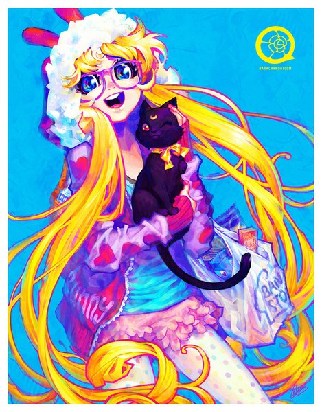 Anime picture 813x1040 with bishoujo senshi sailor moon toei animation tsukino usagi luna (sailor moon) barachan tall image looking at viewer open mouth blue eyes blonde hair red eyes twintails holding animal ears very long hair nail polish one eye closed wink open clothes open jacket