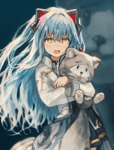 Anime picture 1868x2452 with eiyuu densetsu zero no kiseki tio plato scyze single long hair tall image looking at viewer blush fringe highres open mouth hair between eyes standing holding animal ears yellow eyes blue hair :d cat ears