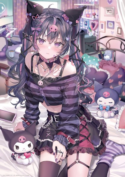 Anime picture 1500x2122 with onegai my melody kuromi momoko (momopoco) single long hair tall image looking at viewer blush fringe black hair hair between eyes purple eyes twintails bare shoulders signed ahoge indoors long sleeves nail polish multicolored hair