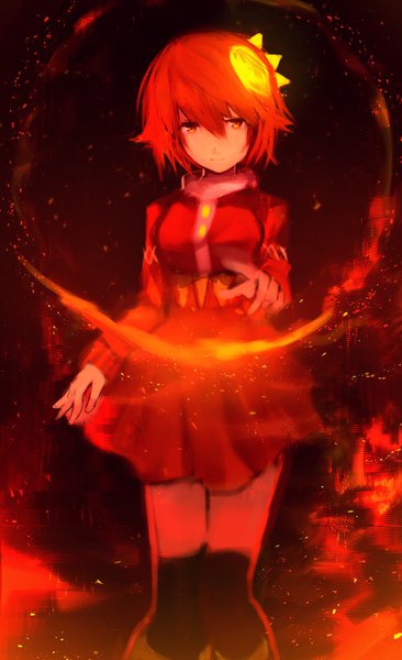 Anime picture 1380x2260 with original flare (tarbo) tarbo (exxxpiation) single tall image looking at viewer fringe short hair hair between eyes red eyes standing red hair long sleeves zettai ryouiki outstretched hand girl thighhighs dress hair ornament black thighhighs