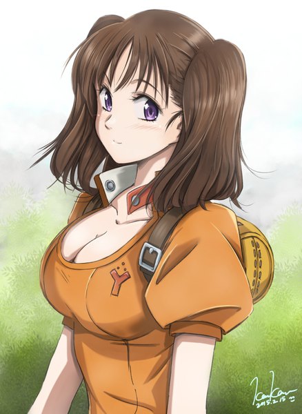 Аниме картинка 1000x1369 с семь смертных грехов a-1 pictures diane (nanatsu no taizai) kem kem один (одна) длинные волосы высокое изображение смотрит на зрителя румянец чёлка грудь простой фон улыбка каштановые волосы большая грудь белый фон фиолетовые глаза два хвостика подписанный декольте