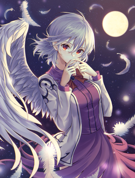Anime-Bild 1300x1722 mit touhou kishin sagume minyumim single tall image looking at viewer fringe short hair hair between eyes red eyes silver hair outdoors wind night night sky angel wings covered mouth white wings single wing girl