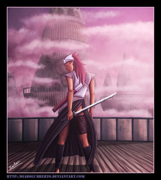 Anime picture 1164x1300 with naruto studio pierrot naruto (series) karui diabolumberto single long hair tall image pink hair sky cloud (clouds) eyes closed profile from behind coloring girl weapon earrings sword katana