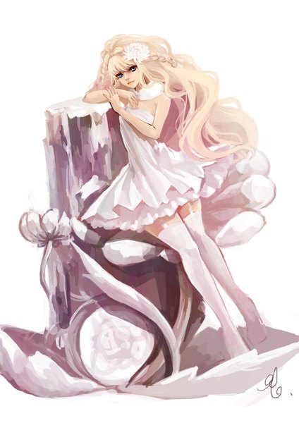Anime picture 2480x3508 with vocaloid seeu single long hair tall image highres blue eyes blonde hair bare shoulders signed hair flower girl thighhighs dress hair ornament white thighhighs