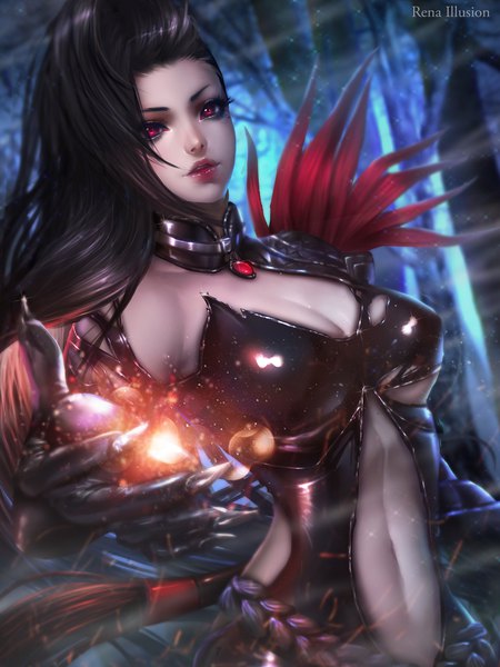 Anime picture 1500x2000 with blade & soul ran yu (blade and soul) renaillusion single long hair tall image looking at viewer breasts light erotic black hair red eyes signed cleavage lips realistic lipstick magic red lipstick center opening asymmetrical hair