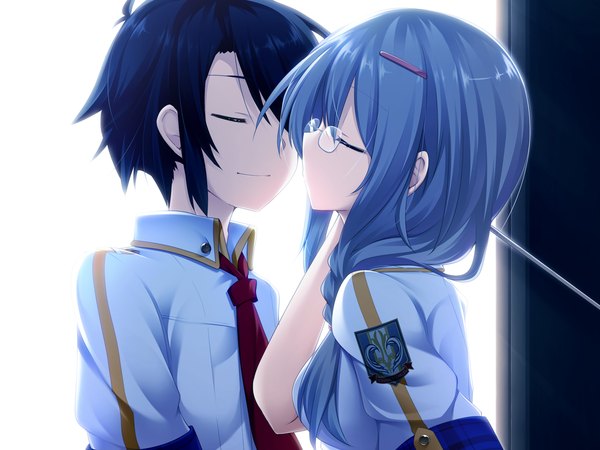 Anime picture 1600x1200 with dai ni ongakushitsu e youkoso!! haba yukari long hair short hair black hair game cg silver hair braid (braids) eyes closed kiss girl boy uniform hair ornament school uniform glasses bobby pin