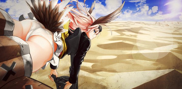 Anime picture 1658x814 with strike witches hanna-justina marseille giba (out-low) single long hair looking at viewer blush blue eyes light erotic wide image pink hair sky cloud (clouds) ahoge ass tail animal tail looking back sunlight grin