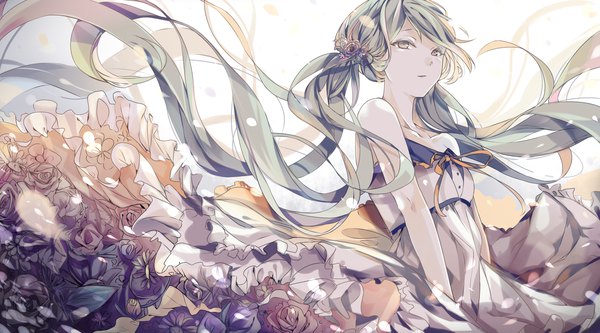 Anime picture 2700x1500 with vocaloid hatsune miku ameriya single highres wide image twintails bare shoulders green eyes looking away very long hair green hair floating hair girl dress flower (flowers)