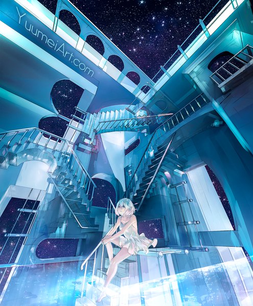 Anime picture 1080x1310 with original yuumei single tall image fringe blue eyes hair between eyes sky bent knee (knees) white hair indoors barefoot legs reflection looking up pale skin girl dress white dress star (stars)