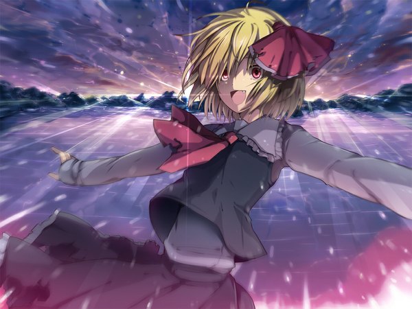 Anime picture 1024x768 with touhou rumia 6u (eternal land) single short hair open mouth blonde hair red eyes fang (fangs) spread arms girl skirt ribbon (ribbons) hair ribbon skirt set ascot