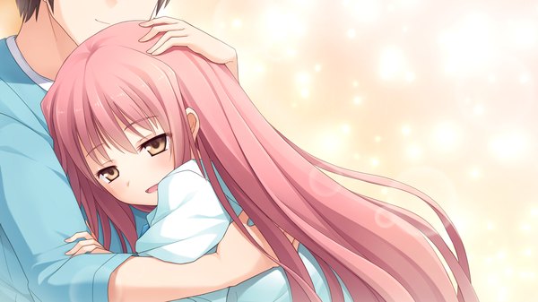 イラスト 1920x1080 と imouto no katachi sena miyuki 長髪 赤面 highres wide image 茶目 ピンク髪 game cg couple hug 女の子