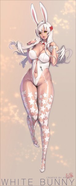 Anime picture 500x1214 with nightmadness single long hair tall image breasts light erotic large breasts standing green eyes animal ears bent knee (knees) white hair bunny ears thick thighs girl navel bunnysuit