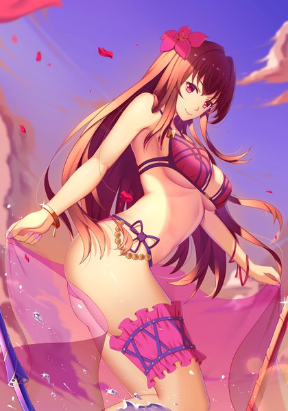 Anime picture 2331x3333 with fate (series) fate/grand order scathach (fate) (all) scathach (swimsuit assassin) (fate) aira5 single long hair tall image fringe highres breasts light erotic smile hair between eyes brown hair large breasts standing sky cloud (clouds) ass