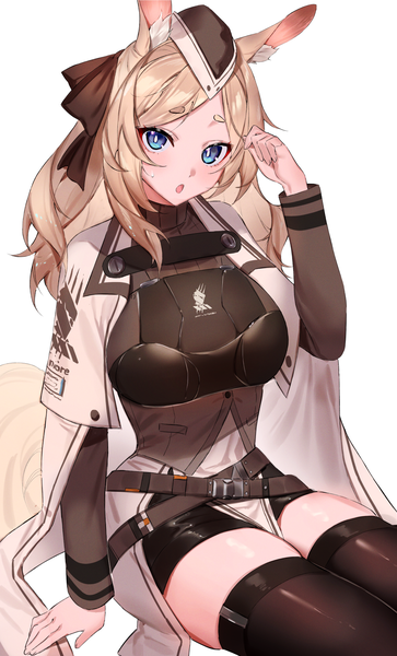 Anime picture 1056x1744 with arknights whislash (arknights) ichibi single long hair tall image looking at viewer open mouth blue eyes simple background blonde hair white background sitting animal ears tail animal tail :o sweatdrop eyebrows horse ears