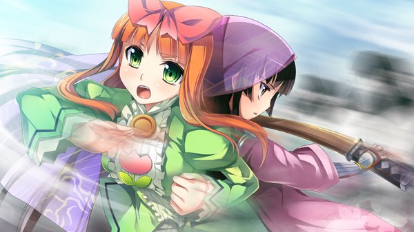 Anime picture 1280x720 with gensou douwa alicetale long hair open mouth black hair wide image multiple girls green eyes yellow eyes game cg orange hair girl dress bow weapon 2 girls hair bow sword