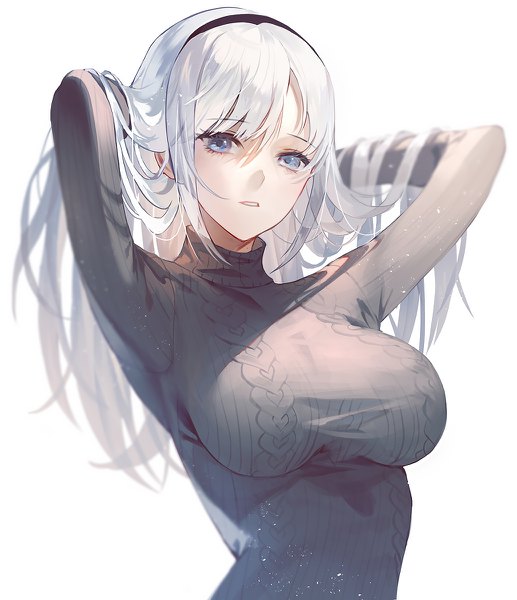 Anime picture 1034x1200 with original fajyobore single long hair tall image looking at viewer fringe breasts blue eyes simple background hair between eyes white background payot silver hair upper body parted lips adjusting hair girl sweater turtleneck