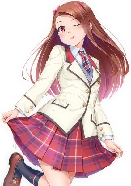 Anime picture 827x1169 with idolmaster minase iori miri (ago550421) single long hair tall image looking at viewer blush simple background red eyes brown hair white background long sleeves one eye closed wink plaid skirt skirt hold girl skirt uniform