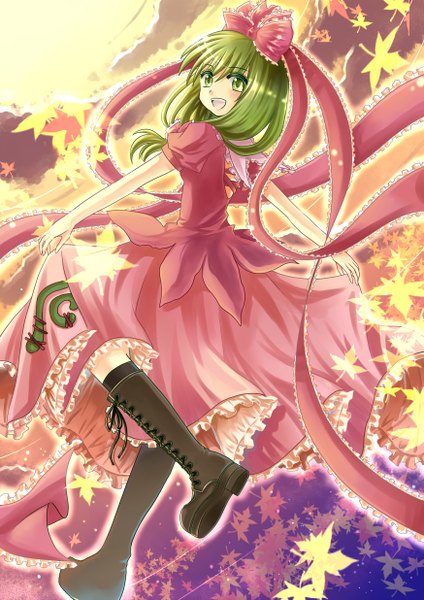 Anime picture 1748x2471 with touhou kagiyama hina miyakure single long hair tall image highres open mouth green eyes green hair girl dress skirt bow ribbon (ribbons) hair bow shoes boots leaf (leaves) skirt set